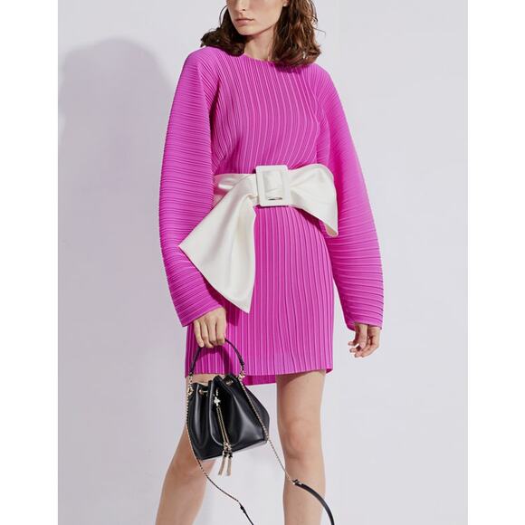 Solace London Tanzy Fuchsia Pleated White Bow Long Sleeve Mini Cocktail Dress - Picture 4 of 16
